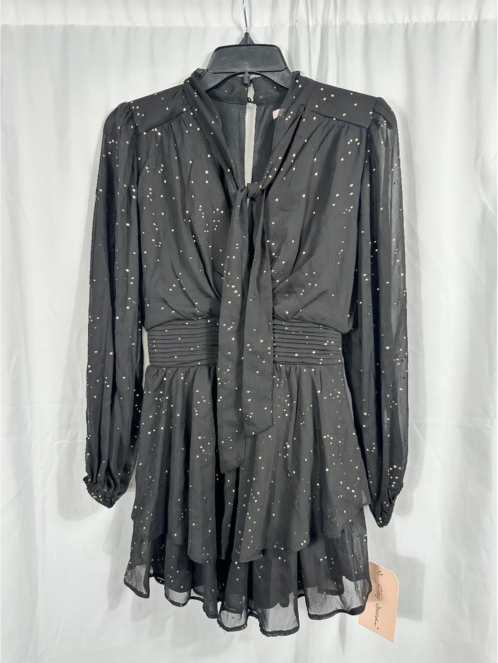 City Studios Black Long Sleeve Dress with Gold Dot Pattern and Tie Neck XS